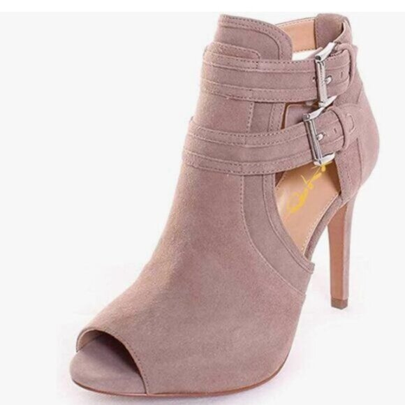 XYD Dark Pink Suede Peep Toe High Heels Buckled Double Straps Cutout Ankle Boot - Picture 1 of 8